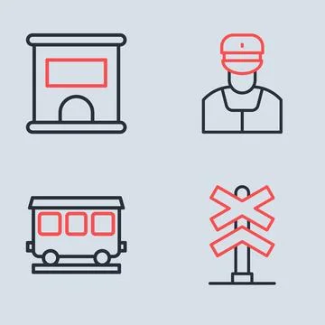 Set line Train conductor, Passenger train cars, Railroad crossing and Ticke.. Stock Illustration