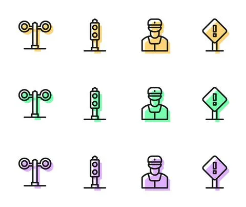 Set line Train conductor, traffic light, and Exclamation mark square icon Illustrazione stock