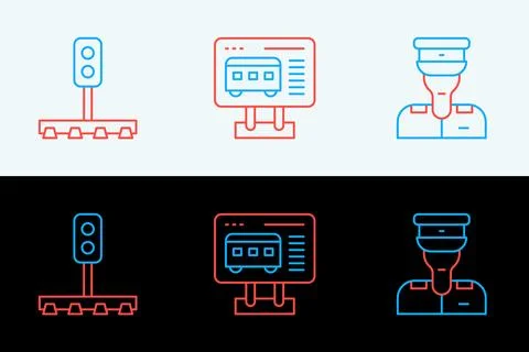 Set line Train conductor, traffic light and Ticket office buy tickets icon... Stock Illustration