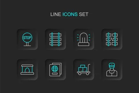 Set line Train conductor, Trolley suitcase, Passport, Railway tunnel, Broke.. Stock Illustration