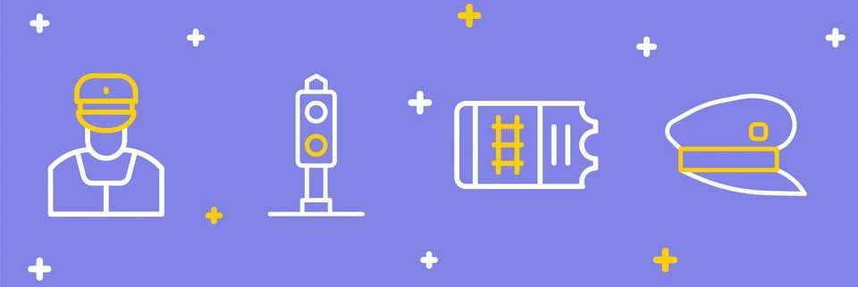 Set line Train driver hat, ticket, traffic light and conductor icon. Vector 스톡 일러스트