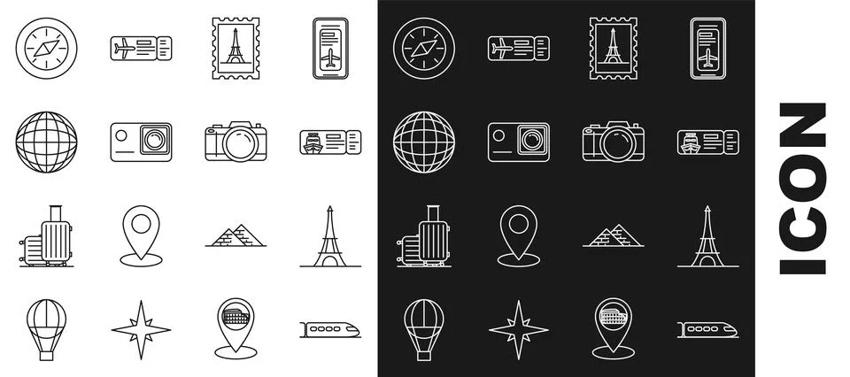 Set line Train, Eiffel tower, Cruise ticket for traveling by ship, Postal stamp Stock Illustration