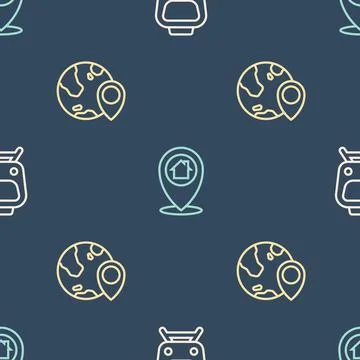 Set line Train, Location on the globe and with house on seamless pattern. V.. Stock Illustration