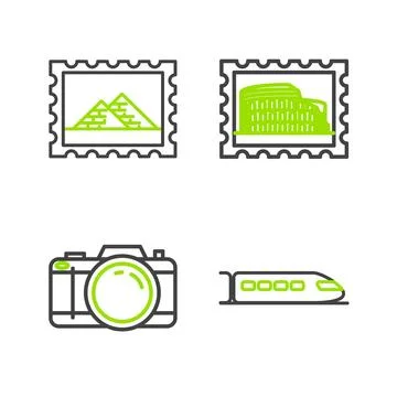 Set line Train, Photo camera, Postal stamp and Coliseum and Egypt pyramids .. Stock Illustration