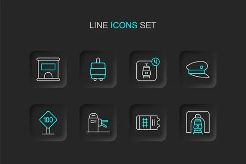 Set line Train in railway tunnel, ticket, Turnstile, Speed limit traffic si.. Stock Illustration