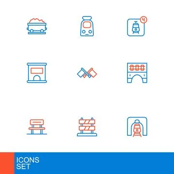 Set line Train in railway tunnel, End of tracks, Waiting hall, Bridge for t.. Stock Illustration