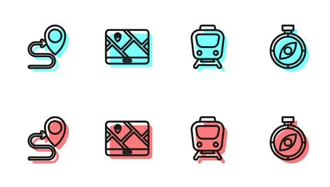 Set line Train, Route location, City map navigation and Compass icon. Vector 스톡 일러스트