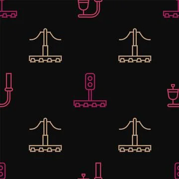Set line Train station bell, Railway and traffic light on seamless pattern Stock Illustration