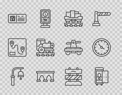 Set line Train station bell, Toilet the train car, Cargo wagon, Bridge for, QR Stock-Illustration