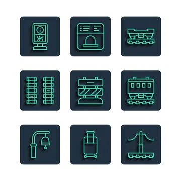 Set line Train station bell, Suitcase, Railway, Cargo train wagon, End of Stock Illustration