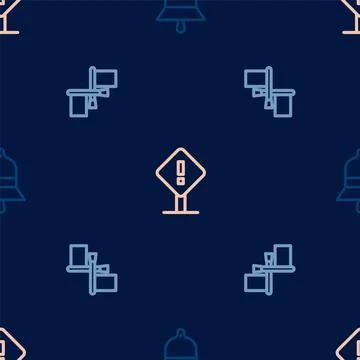 Set line Train station bell, Flag and Exclamation mark square on seamless p.. Illustrazione stock