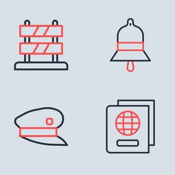 Set line Train station bell, driver hat, Passport and End of railway tracks.. Stock Illustration