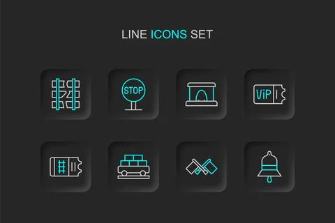 Set line Train station bell, Flag, Cargo train wagon, ticket, Railway tunne.. 스톡 일러스트