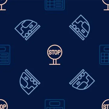 Set line Train station board, High-speed train and Stop sign on seamless pattern イラスト素材