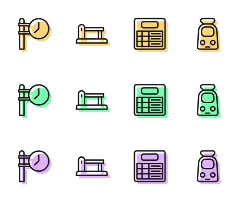 Set line Train station board, clock, Railway barrier and and railway icon Stock Illustration