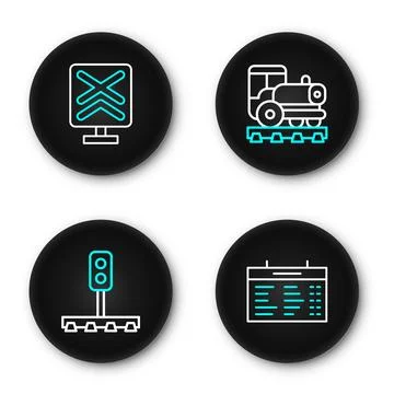Set line Train station board, traffic light, Vintage locomotive and Railroa.. Stock Illustration