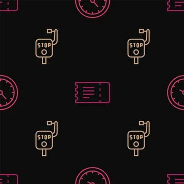 Set line Train station clock, Emergency brake and ticket on seamless pattern Stock Illustration