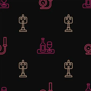 Set line Train station clock, traffic light and Wine bottle with glass on Stock Illustration