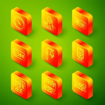 Set line Train station clock, Railway, QR code ticket train, Electrical outlet Illustrazione stock