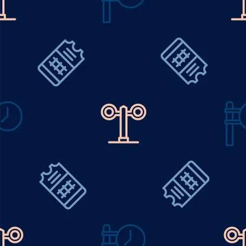 Set line Train station clock, ticket and traffic light on seamless pattern Stock Illustration