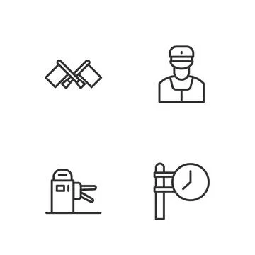 Set line Train station clock, Turnstile, Flag and conductor icon. Vector Stock Illustration