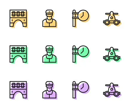 Set line Train station clock, Bridge for train, conductor and Handcar Stock Illustration