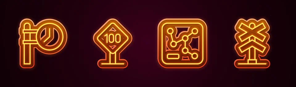 Set line Train station clock, Speed limit traffic sign 100 km, Railway map and Stock Illustration