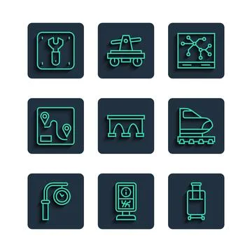 Set line Train station clock, Information stand, Suitcase, Railway map, Bridge Illustrazione stock