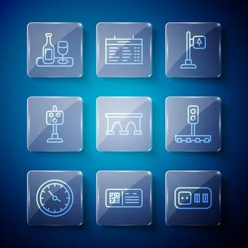 Set line Train station clock, QR code ticket train, Electrical outlet, Road Illustrazione stock