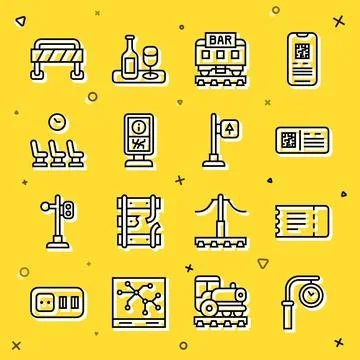 Set line Train station clock, ticket, QR code train, Restaurant, Information Stock Illustration