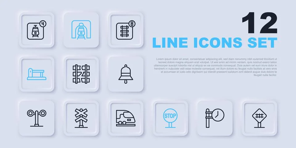Set line Train station clock, Railroad crossing, Broken or cracked railway,.. Stock Illustration