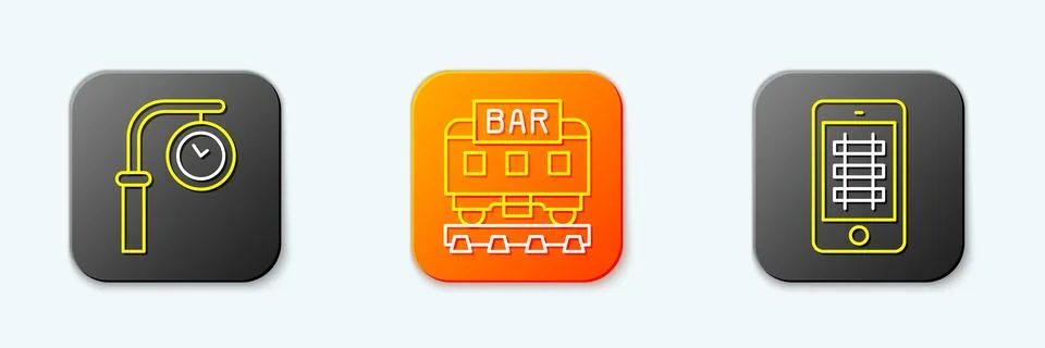 Set line Train station clock, Restaurant train and Buy ticket online icon. .. Stock Illustration