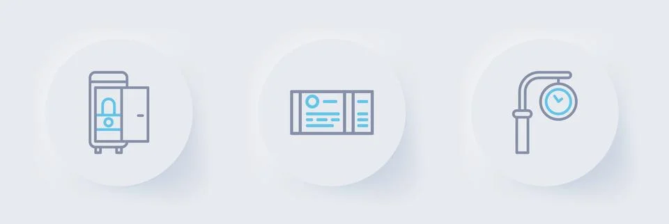 Set line Train station clock, ticket and Toilet the train car icon. Vector Stock Illustration