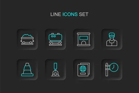 Set line Train station clock, Passport, Arrow for switching the railway, Tr.. 스톡 일러스트