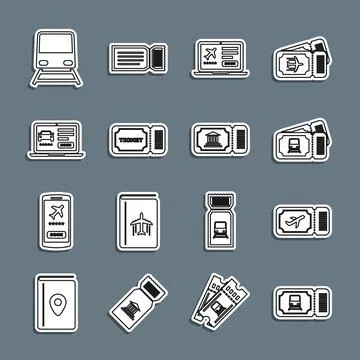 Set line Train ticket, Airline, Laptop with, Ticket, Online car sharing, and イラスト素材