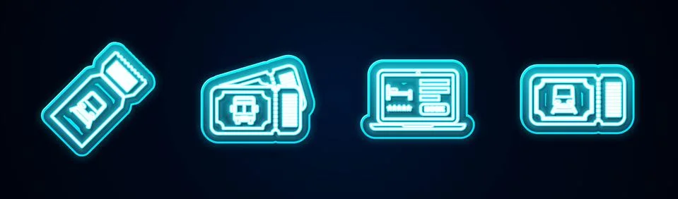 Set line Train ticket, Bus, Online hotel booking and . Glowing neon icon. Vector Ilustración de archivo