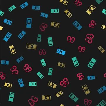 Set line Train ticket, Bus, Airline and Binoculars on seamless pattern. Vecto Illustrazione stock