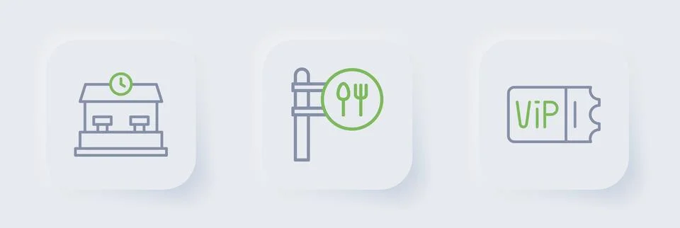 Set line Train ticket, Cafe and restaurant location and Railway station ico.. 스톡 일러스트