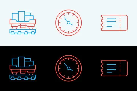 Set line Train ticket, Cargo train wagon and station clock icon. Vector Stock Illustration