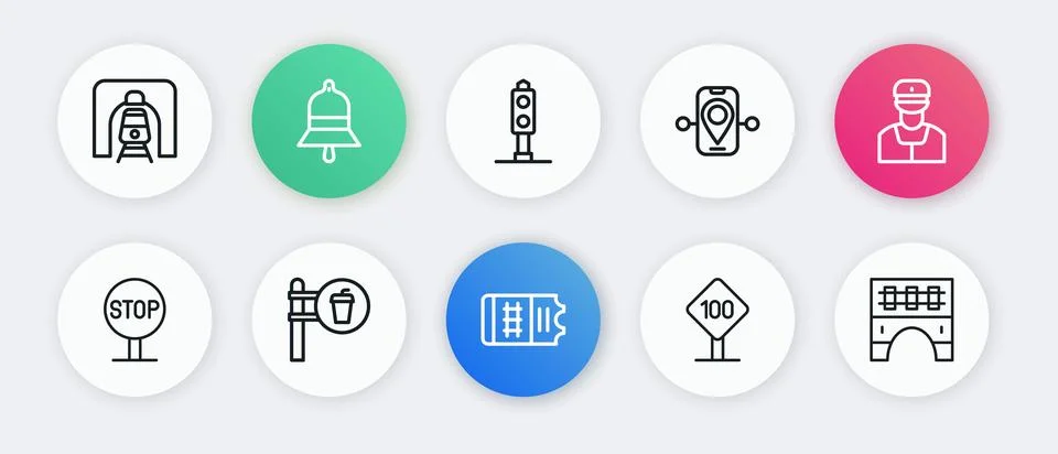 Set line Train ticket, conductor, Stop sign, Speed limit traffic 100 km, Ro.. Stock Illustration