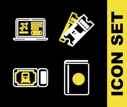 Set line Train ticket, Cover book travel guide,  and Laptop with icon. Vector Stock Illustration