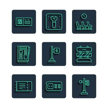 Set line Train ticket, Electrical outlet, traffic light, Waiting room, Road.. Stock Illustration