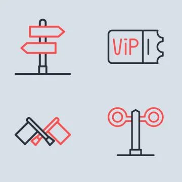 Set line Train ticket, Flag, traffic light and Road sign icon. Vector 스톡 일러스트