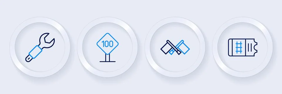 Set line Train ticket, Flag, Speed limit traffic sign 100 km and Wrench spa.. Stock Illustration