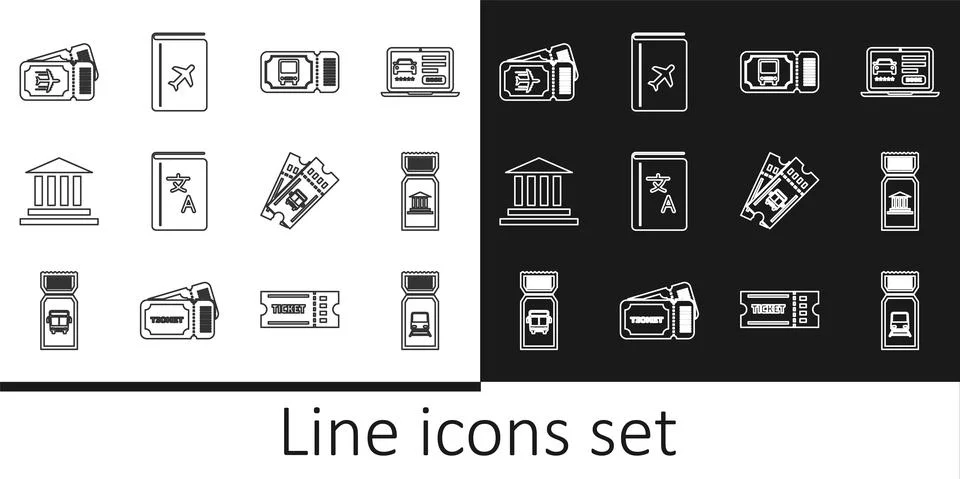 Set line Train ticket, Museum, Bus, Translator book, building, Airline, and Ilustración de archivo