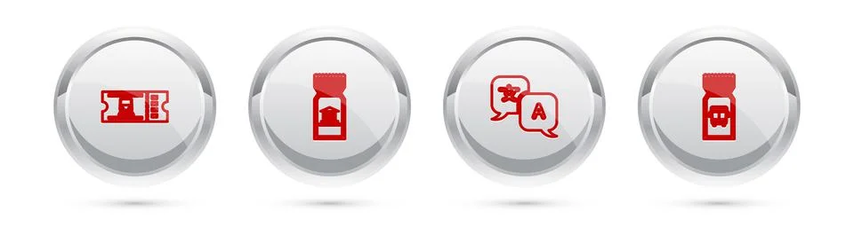 Set line Train ticket, Museum, Translator and Bus. Silver circle button. Vector Stock Illustration