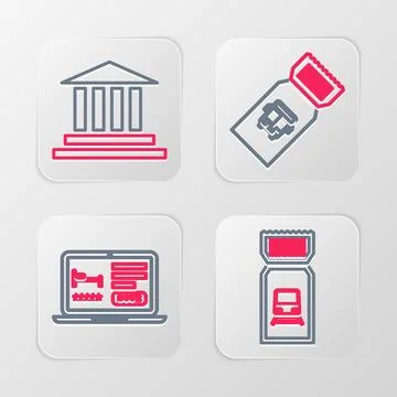 Set line Train ticket, Online hotel booking, Bus and Museum building icon イラスト素材