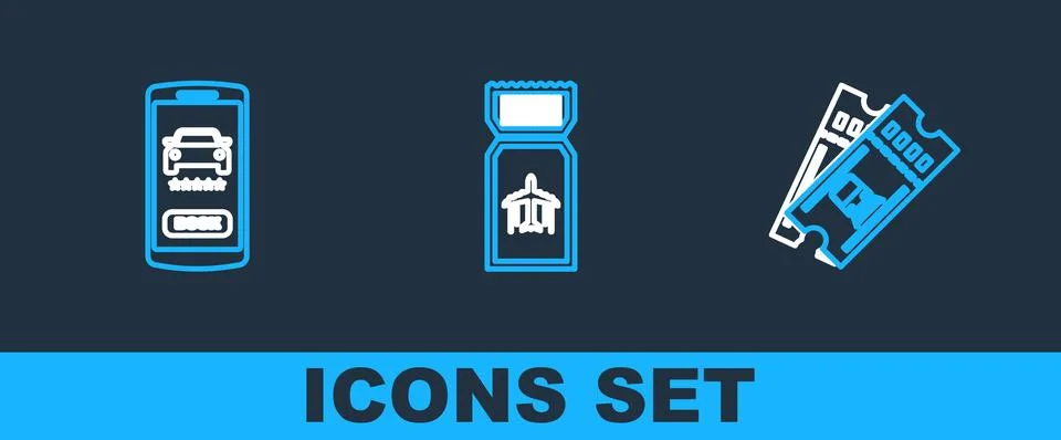 Set line Train ticket, Online car sharing and Airline icon. Vector Stock Illustration