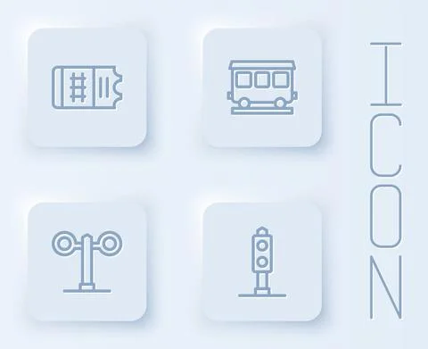 Set line Train ticket, Passenger train cars, traffic light and . White square Illustrazione stock