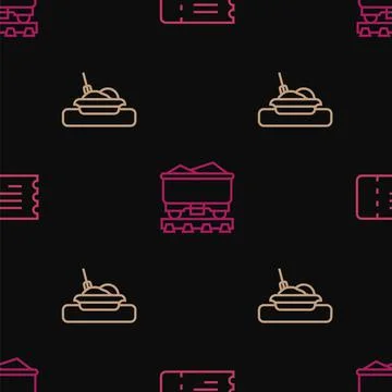 Set line Train ticket, Plate with food and Coal train wagon on seamless pattern イラスト素材